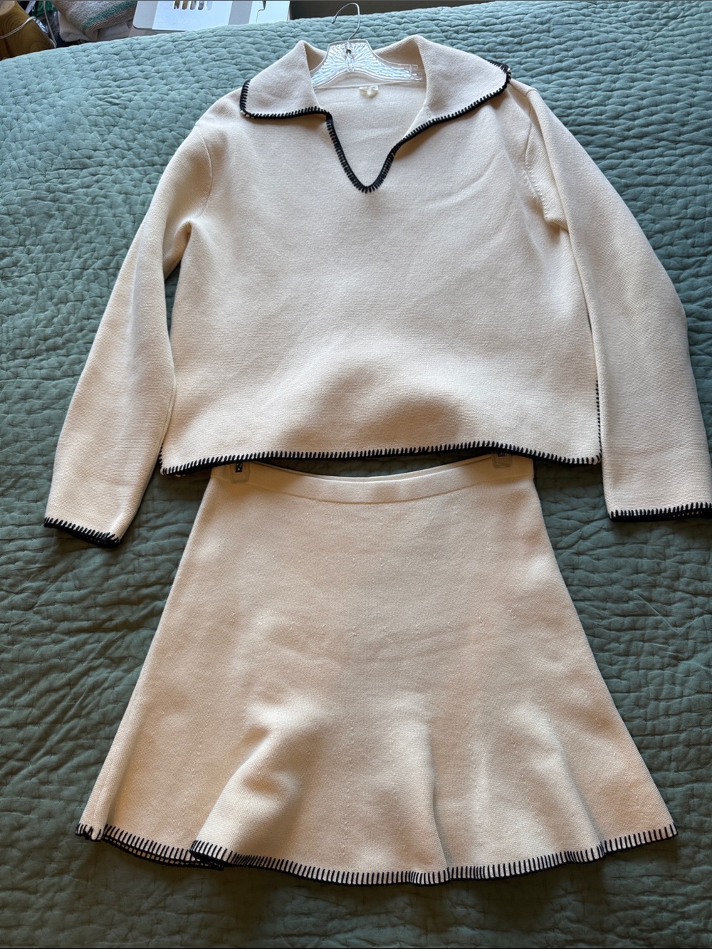 Arket Women’s Cream Knit Skirt & Top Set with Black Trim